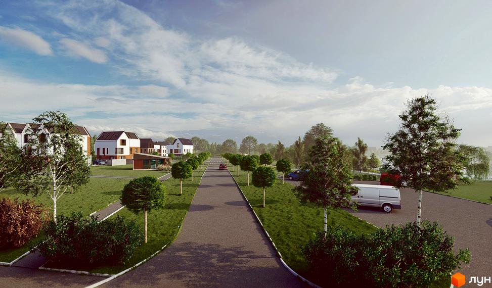 Будинки Котеджного містечка Riverside з білими фасадами та темними дахами розташовані вздовж дороги із зеленими газонами та деревами.