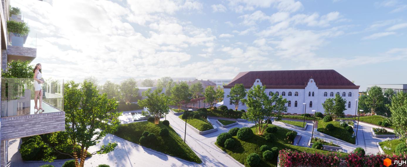 Житловий комплекс MOZART з багатоповерховими будинками та будинком з коричневим дахом, оточений доглянутою прибудинковою територією з деревами та зеленими зонами.