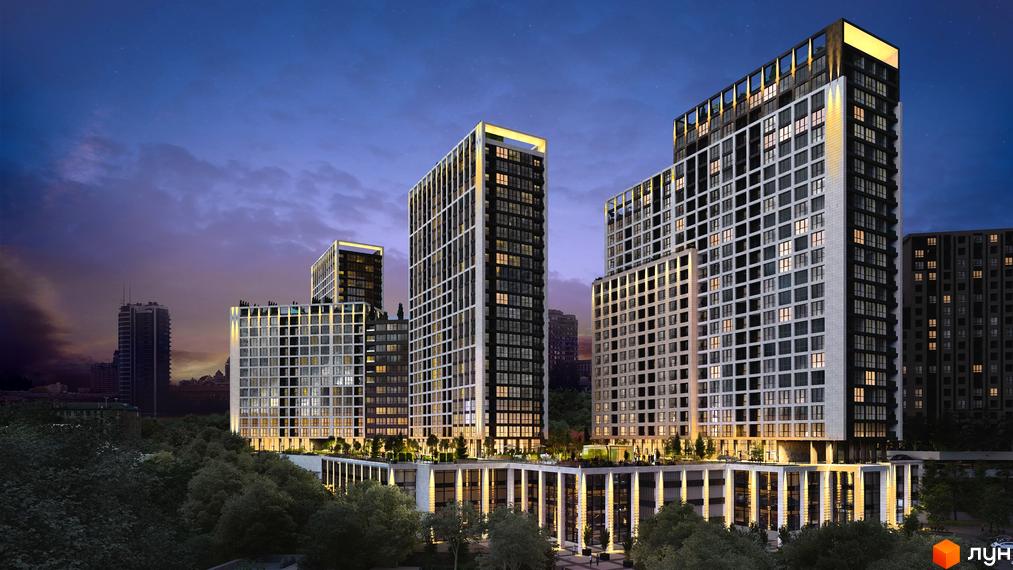 Багатоповерхові будинки з великою кількістю вікон, освітленням на даху та внизу. ЖК Greenville на Печерську з доглянутою прибудинковою територією.