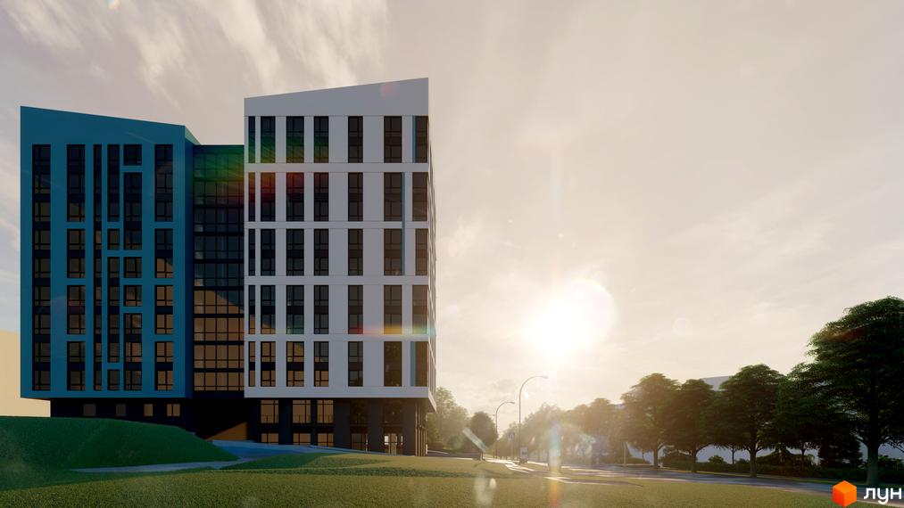 Багатоповерховий житловий будинок з бірюзовою та білою секціями, оточений зеленими газонами та деревами вздовж дороги.