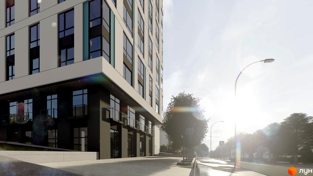 Зображення фасаду будинку Житлового комплексу по вулиці Винниченка, 8а. Навколо будинку розташована прибудинкова територія.