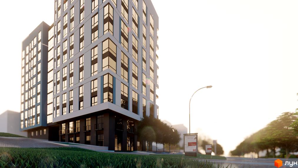 Зовнішній вигляд житлового комплексу на вул. Винниченка, 8а з великою кількістю вікон та балконів. Навколо будинку зелена галявина та дерева.