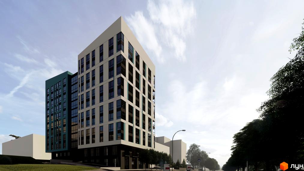 Багатоповерховий житловий будинок світлого та темно-зеленого кольорів з великими вікнами. Поруч дорога, дерева та зелений газон.