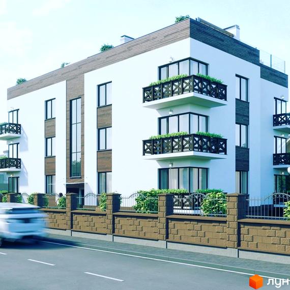 Житловий комплекс Perfect House - це сучасна новобудова з балконами та зеленими насадженнями, огороджена цегляним парканом з кованими елементами.