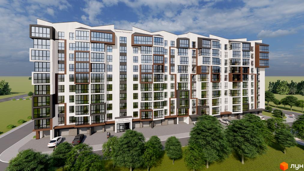 Житловий комплекс Перлина Проскурова-2: багатоповерховий будинок білого кольору з коричневими та сірими вставками, оточений зеленими насадженнями та дорогою.