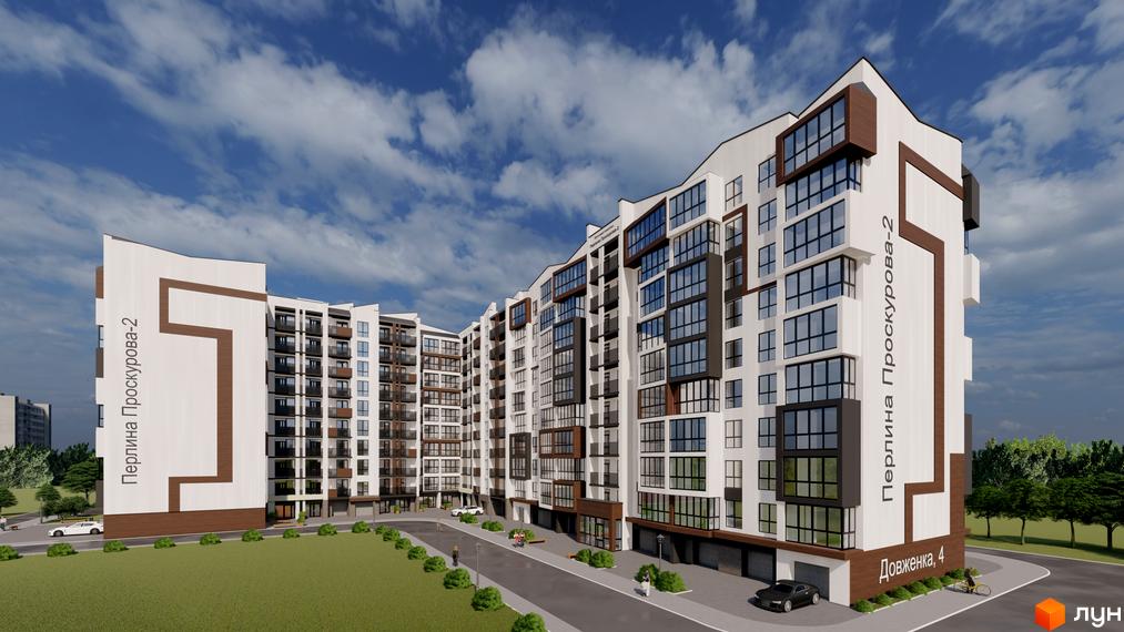 Зображення фасаду багатоповерхового будинку Житлового комплексу Перлина Проскурова-2 з великими вікнами та балконами. Навколо будинку зелена галявина та тротуар.