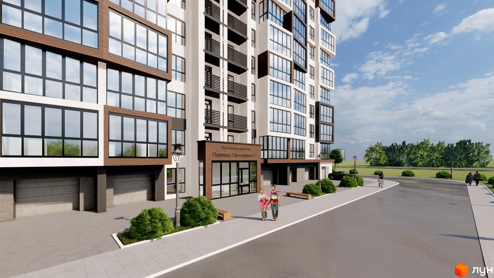 Зображення фасаду Житлового комплексу Перлина Проскурова-2 з великими вікнами та прилеглою територією.