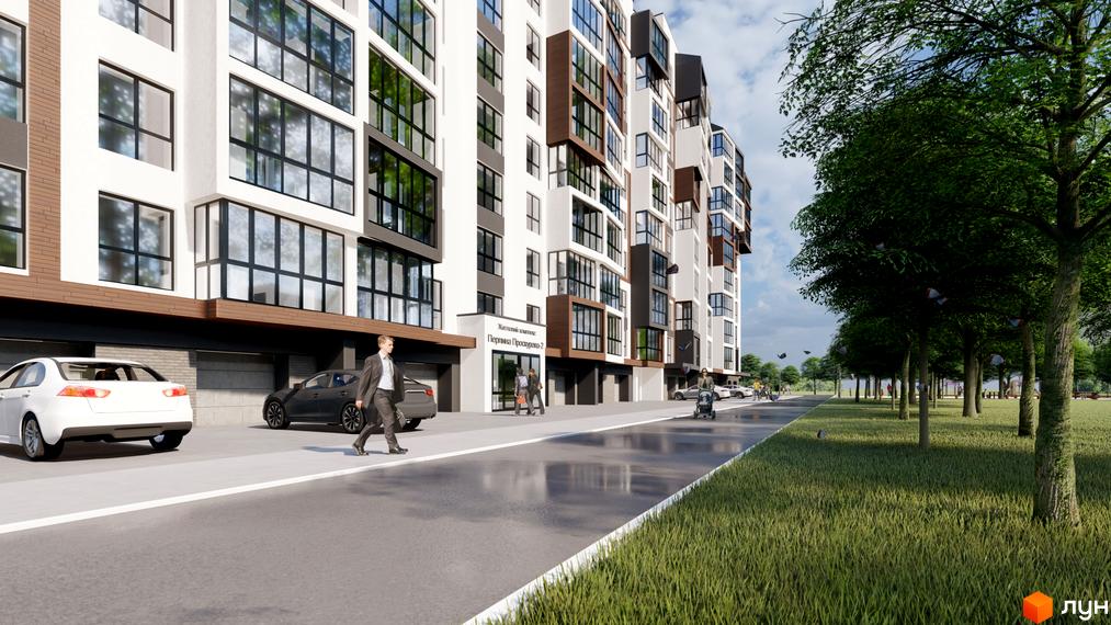 Зображення фасаду Житлового комплексу Перлина Проскурова-2 з великими вікнами та прилеглою територією з деревами та тротуаром.