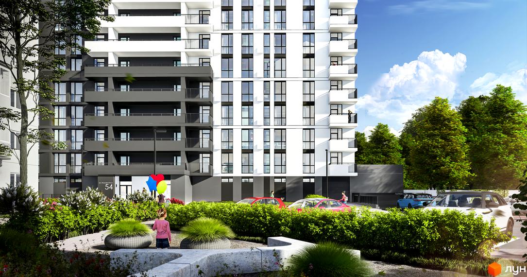 Висотна новобудова з білими та сірими фасадами. На прибудинковій території зелені насадження, лавки та парковка для автомобілів.