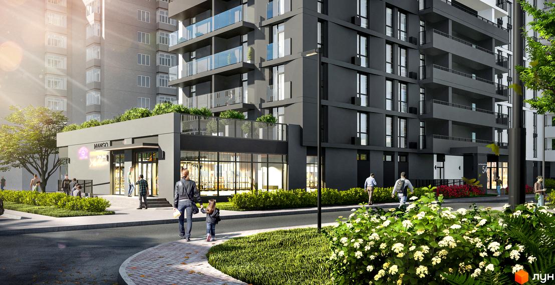 Зображення фасаду будинку ЖК Дім на Янгеля. На передньому плані люди, зелені насадження та тротуар.