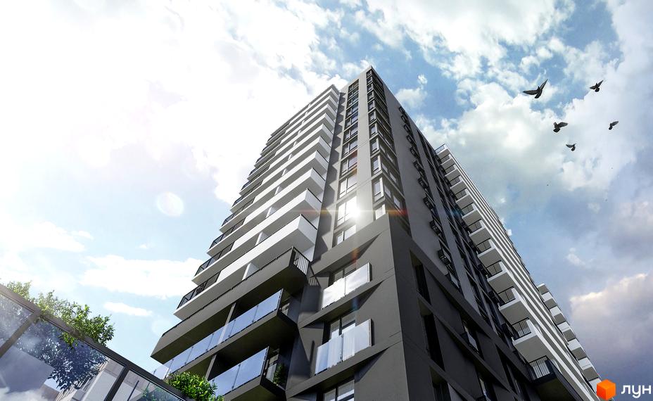 Висотна будівля ЖК Дім на Янгеля з білими балконами та скляними фасадами на тлі блакитного неба з хмарами та птахами.