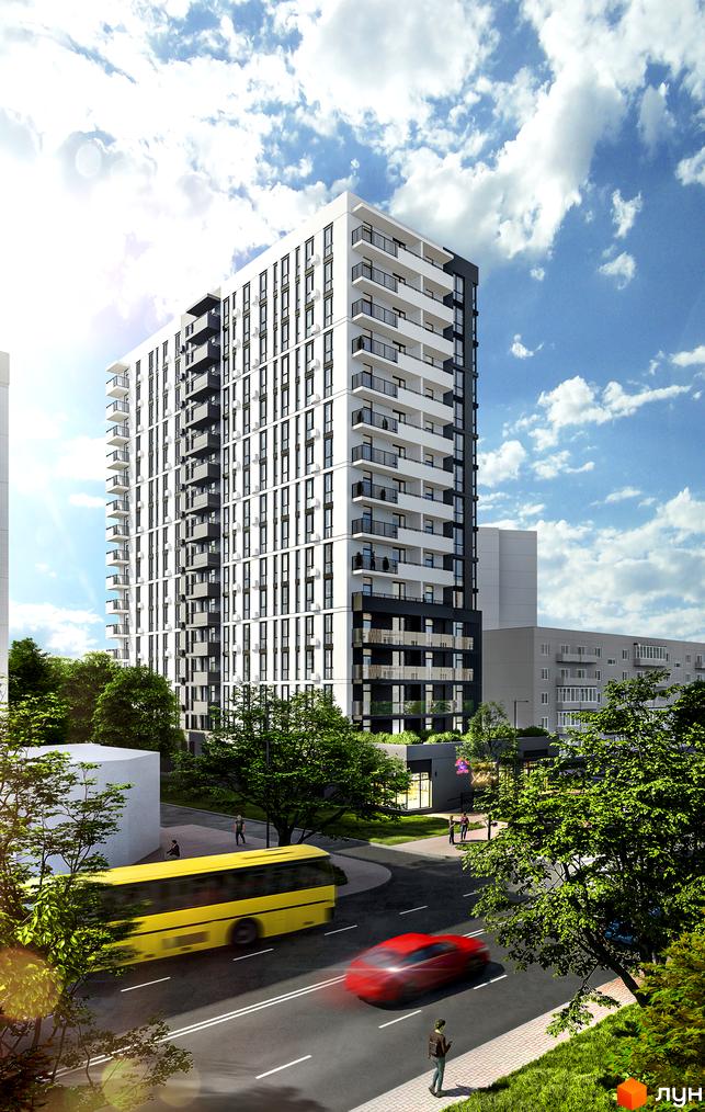 Висотна будівля ЖК Дім на Янгеля з білими фасадами та балконами. На передньому плані дорога з транспортом та зелені насадження.