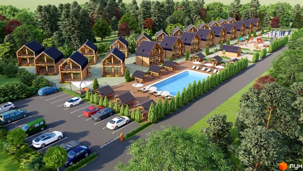 Котеджне містечко Phoenix Relax Park: дерев'яні будинки з темними дахами, басейн, альтанки, дитячий майданчик та паркінг.