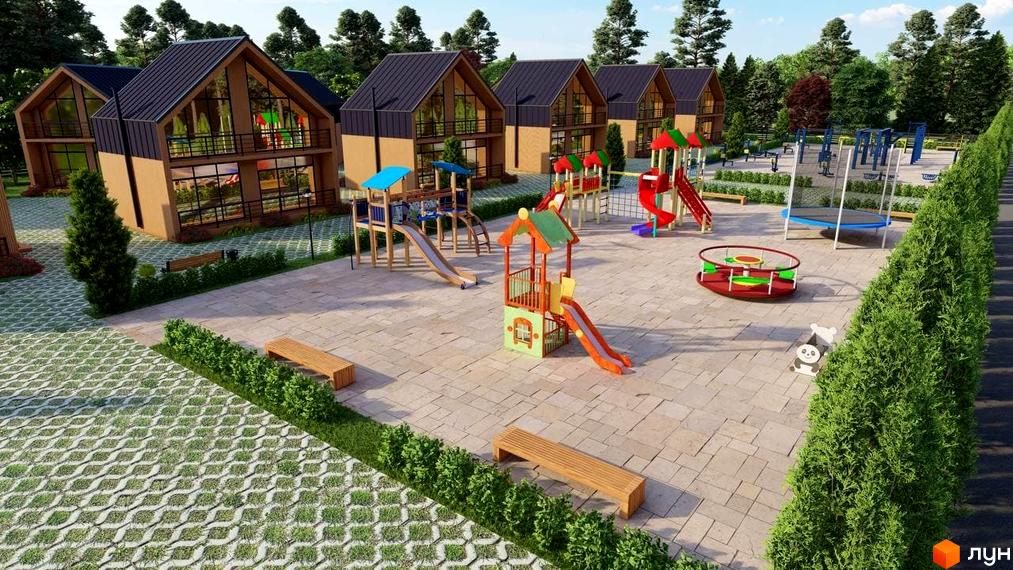 Котеджне містечко Phoenix Relax Park: двоповерхові будинки з великими вікнами та дитячий майданчик з гірками, гойдалками та батутом.