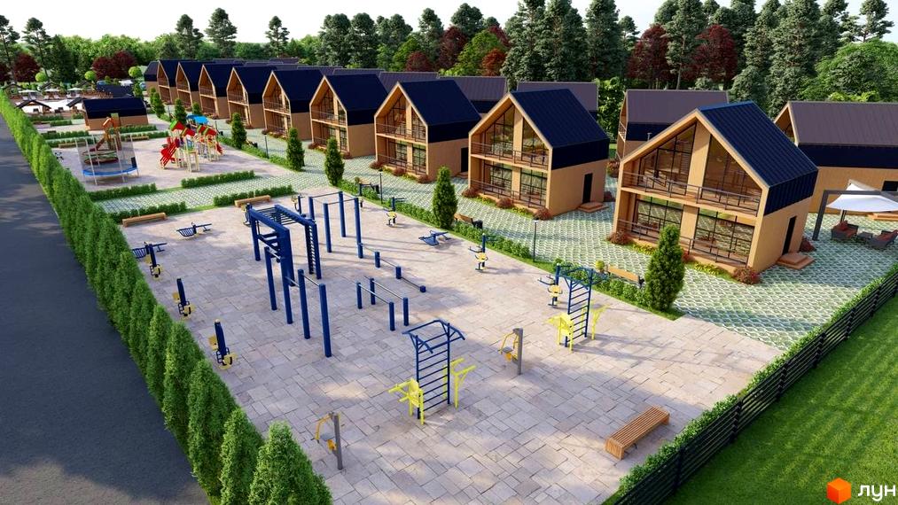 Вигляд Котеджного містечка Phoenix Relax Park з двоповерховими будинками та дитячим і спортивним майданчиком.