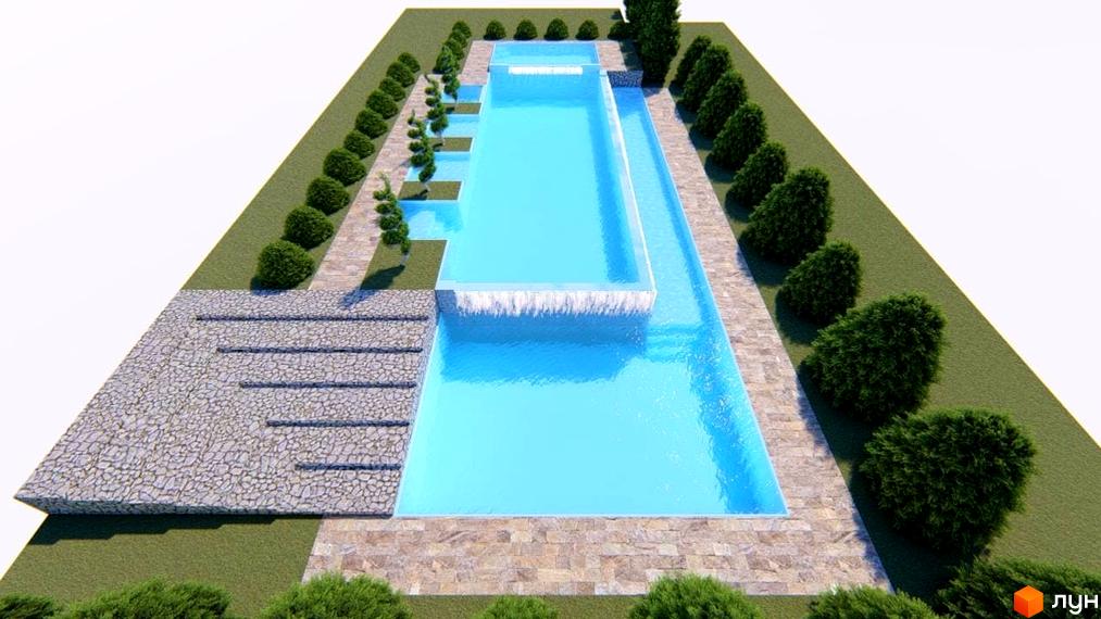 Зображення басейну в Котеджному містечку Phoenix Relax Park. Навколо басейну зелені насадження та доріжки з каменю.