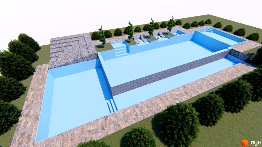 Вигляд на багаторівневий басейн з блакитною водою та кам'яними доріжками, оточений зеленими насадженнями, у Котеджному містечку Phoenix Relax Park.