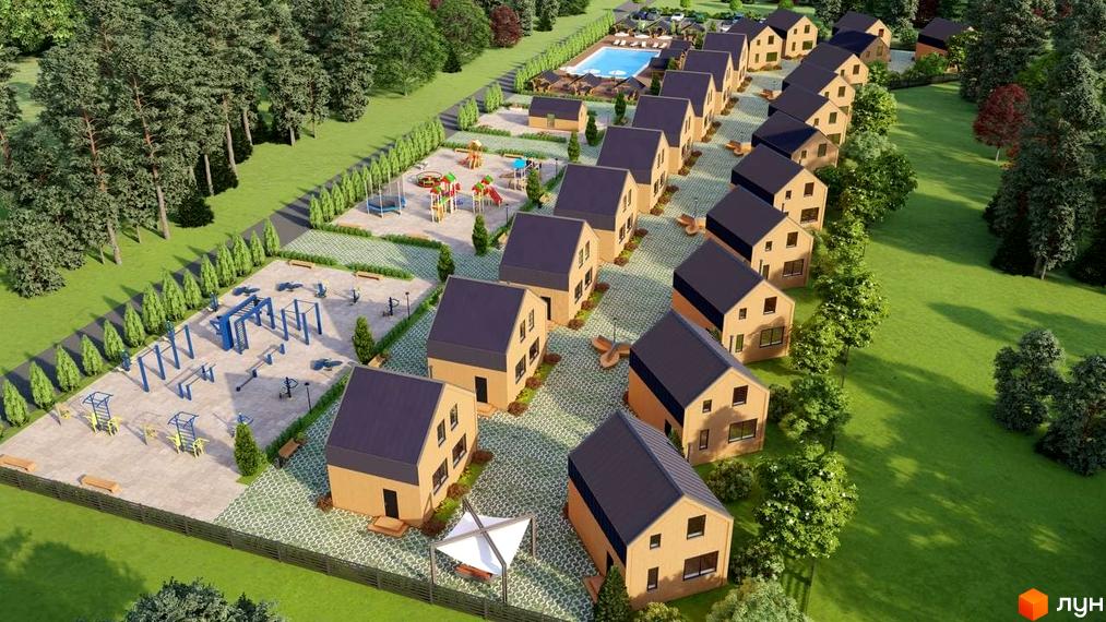 Візуалізація Котеджного містечка Phoenix Relax Park з котеджами та басейном. На території є дитячий та спортивний майданчики.