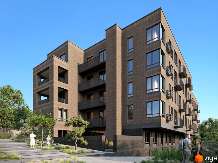 Зображення сторінки житлового комплексу. Багатоповерховий будинок з балконами та великими вікнами, поруч доглянута прибудинкова територія з деревами та газонами.