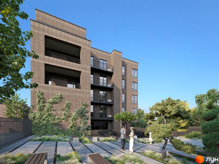 Зовнішній вигляд будівлі Клубний будинок на Короленка з цегляним фасадом та балконами. На прибудинковій території ландшафтний дизайн з деревами та місцями для відпочинку.