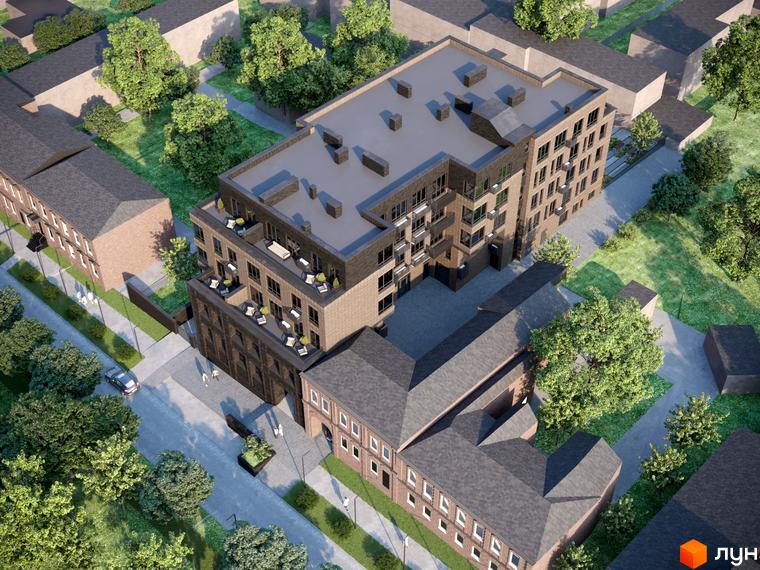 Висотна будівля Клубний будинок на Короленка з терасами та панорамними вікнами, поруч зелені насадження та доріжки для прогулянок.