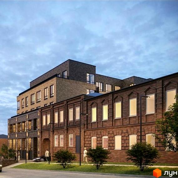 Зображення фасаду клубного будинку на Короленка з цегляними стінами та великими вікнами. На передньому плані зелені насадження та ліхтарі.