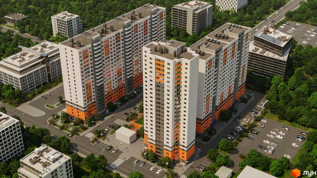 Житловий комплекс на Озерній - це сучасна новобудова з яскравим фасадом та зручною прибудинковою територією з парковкою та зеленими насадженнями.