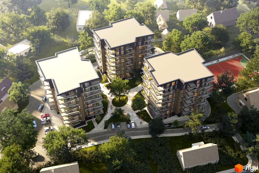 Високоповерхові будинки ЖК Artynov Hall з панорамними вікнами та великою прибудинковою територією, оточені зеленню та парковкою.