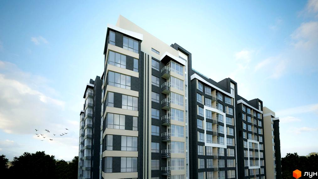 Зовнішній вигляд новобудови ЖК Кардамон з великими вікнами та балконами на тлі блакитного неба. Навколо будинку видно зелені дерева.