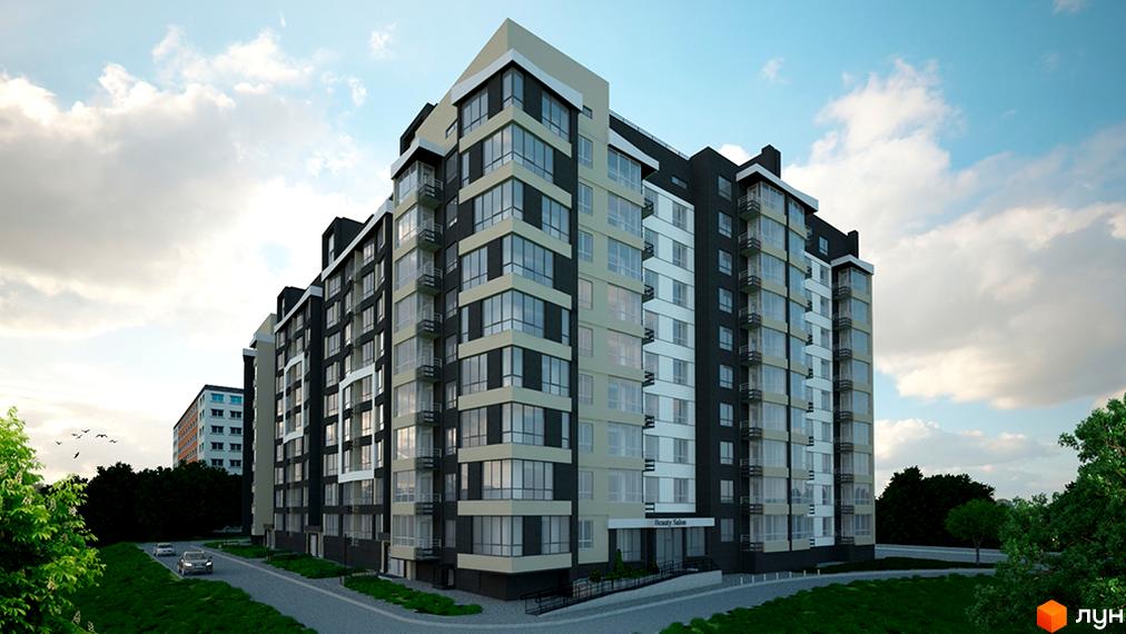 Зовнішній вигляд житлового комплексу Кардамон з багатоповерховими будинками, скляними фасадами та прибудинковою територією з деревами та дорогою.