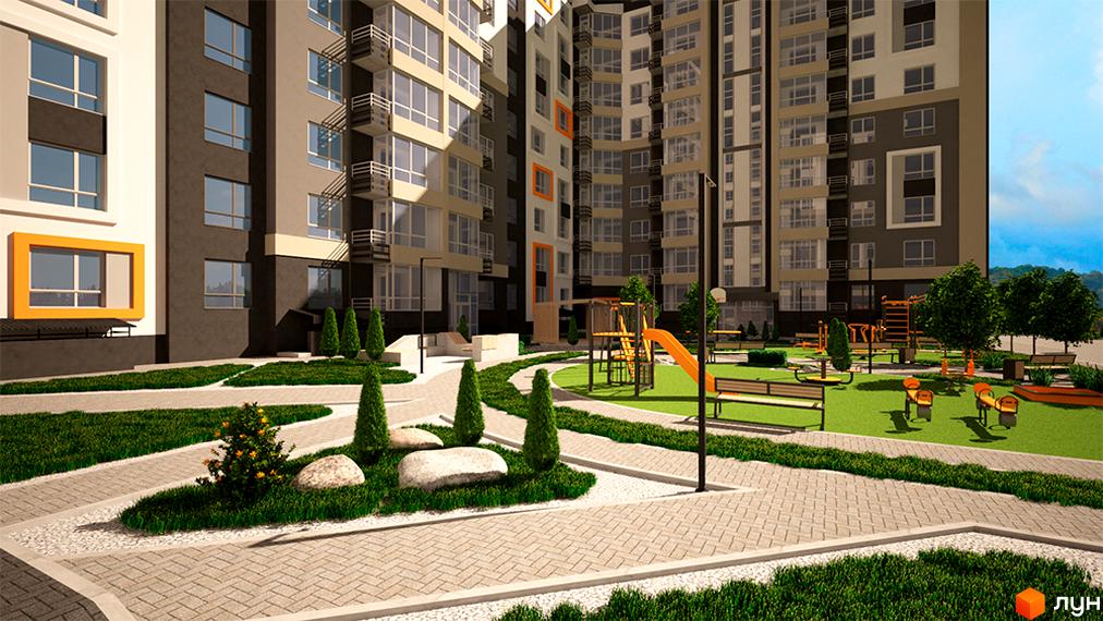 Житловий комплекс Кардамон: сучасна архітектура будівель та облаштований дитячий майданчик з зонами відпочинку.