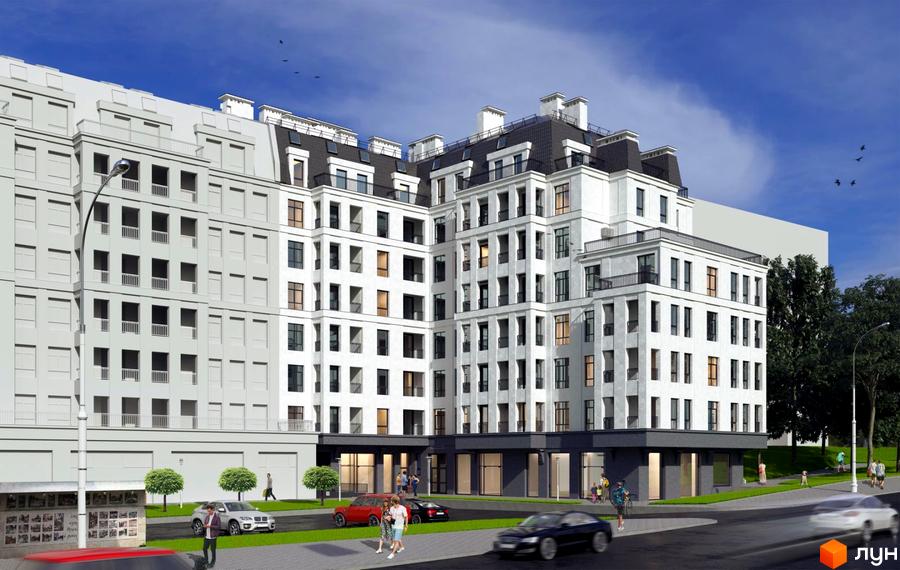 Зображення фасаду Житлового комплексу Срібний Дім Люкс. На передньому плані видно прибудинкову територію з автомобілями та пішоходами.