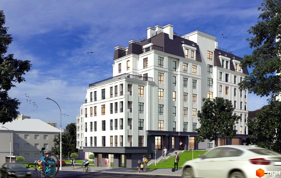 Новобудова Срібний Дім Люкс: білий багатоповерховий будинок з мансардним дахом. Навколо зелені насадження, пішоходи та дорога з транспортом.