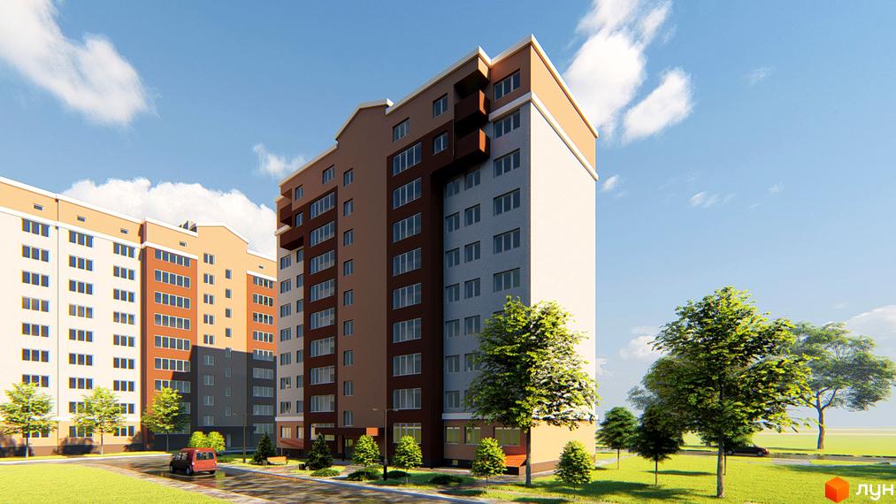 Зображення фасаду будинку на вулиці Сімейна, 2. На передньому плані зелені насадження та пішохідна дорога.