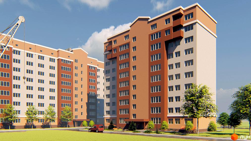 Житловий комплекс на вул. Сімейна, 2: багатоповерхові будинки з коричневими та світлими фасадами, зелений газон та дерева.