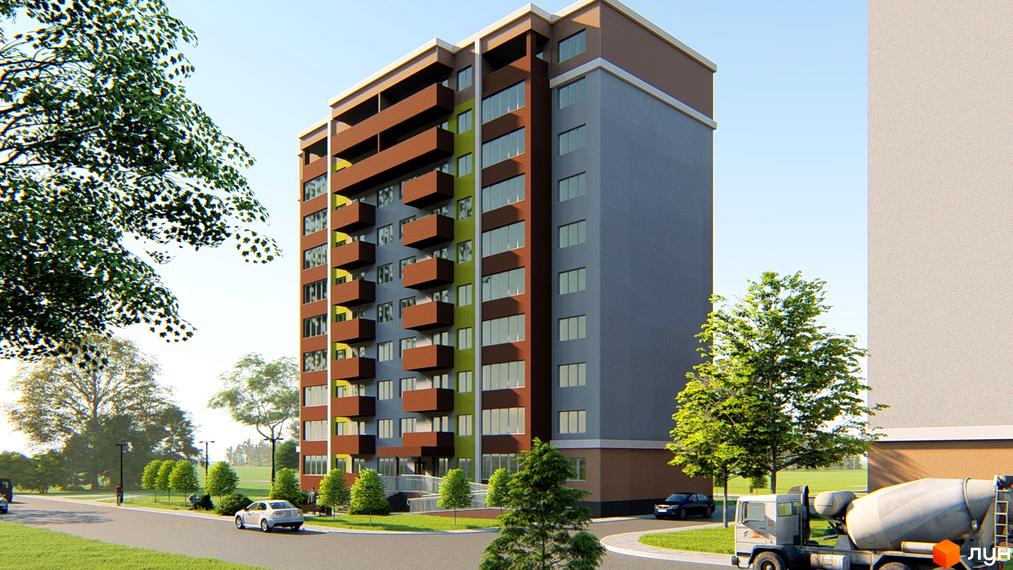 Зображення багатоповерхового будинку на вулиці Сімейній, 2. Вигляд новобудови та прилеглої території з деревами та дорогою.