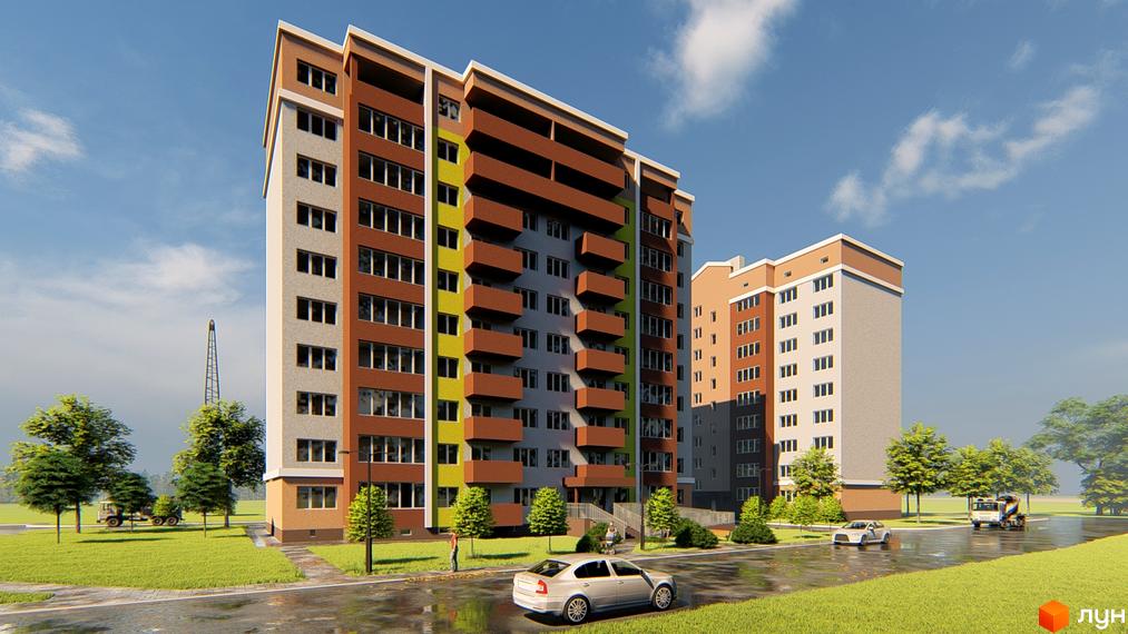 Новобудова на вул. Сімейна, 2: багатоповерховий будинок з коричневими, сірими та салатовими фасадами, оточений зеленою територією.