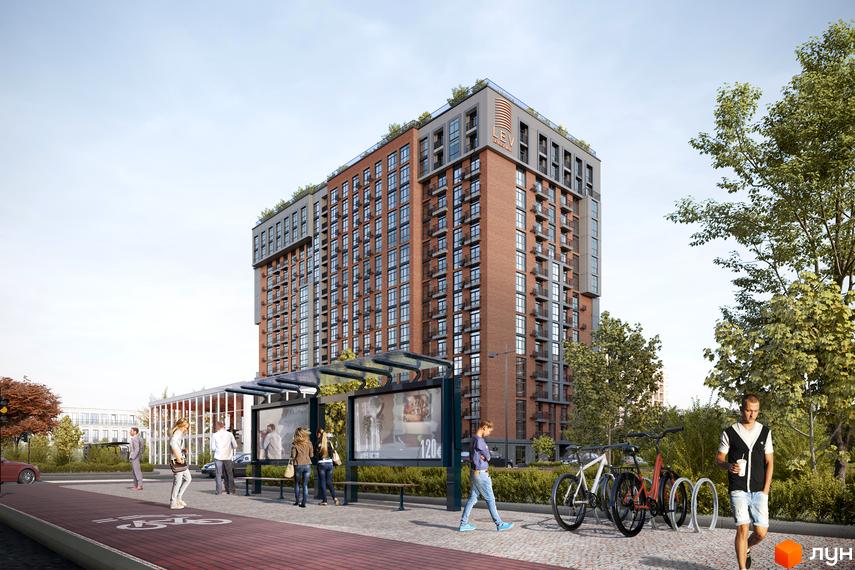 Зображення багатоповерхового будинку Житлового комплексу Life Story з прибудинковою територією та зупинкою громадського транспорту.