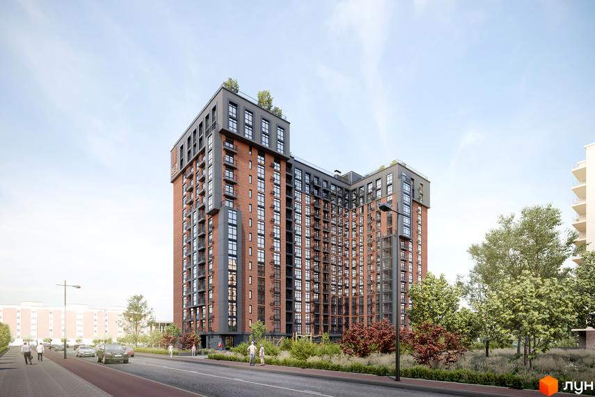 Житловий комплекс Life Story: багатоповерховий будинок з цегляними та сірими фасадами, великими вікнами. Прибудинкова територія з дорогою, тротуаром та зеленими насадженнями.