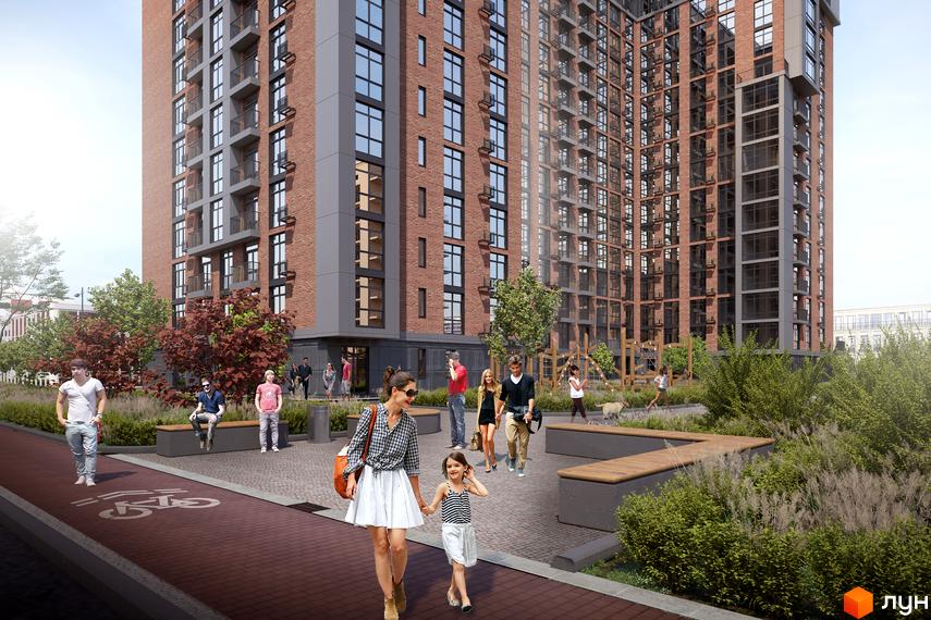 Зображення Житлового комплексу Life Story з фасадом з червоної цегли та великими вікнами. На передньому плані пішохідна зона з людьми.