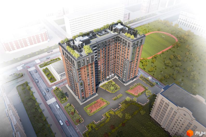 Зображення Житлового комплексу Life Story з висоти пташиного польоту. На фото видно багатоповерховий будинок та прибудинкову територію.