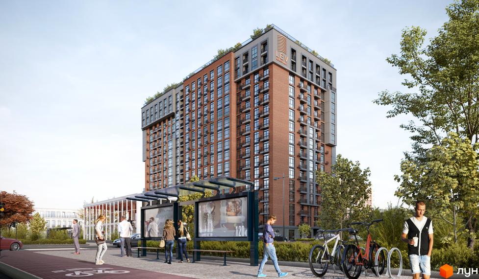 Житловий комплекс Life Story: багатоповерховий будинок з цегляним фасадом. Прибудинкова територія має зупинку транспорту та велодоріжку.