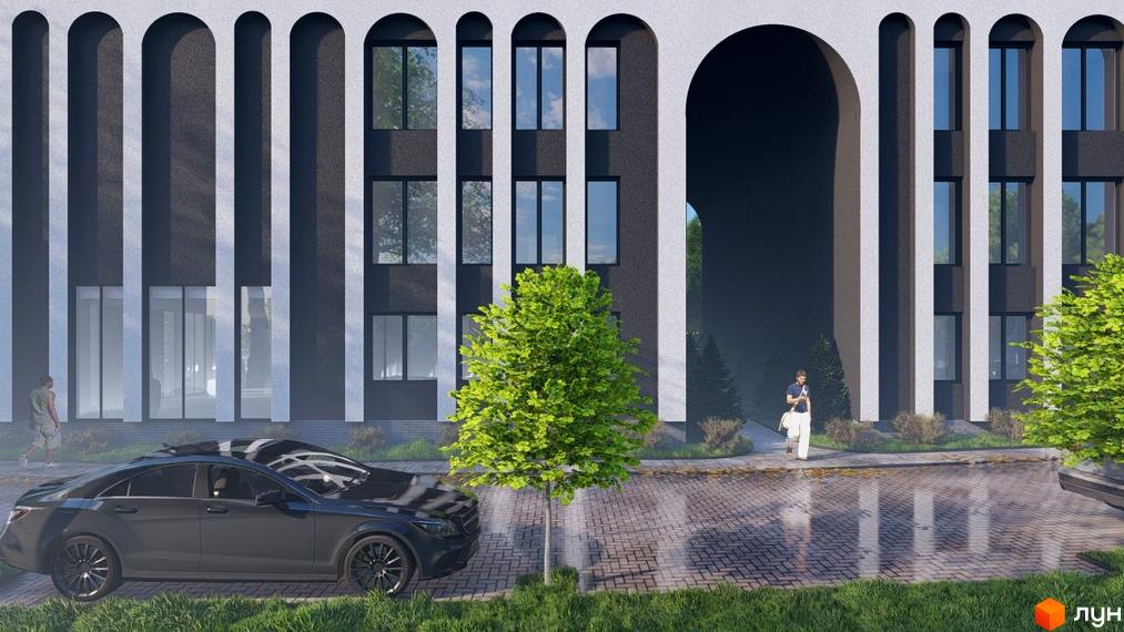 Зображення фасаду будинку в Житловому комплексі Вікторія з великими вікнами та арками. На передньому плані дерева та автомобілі.