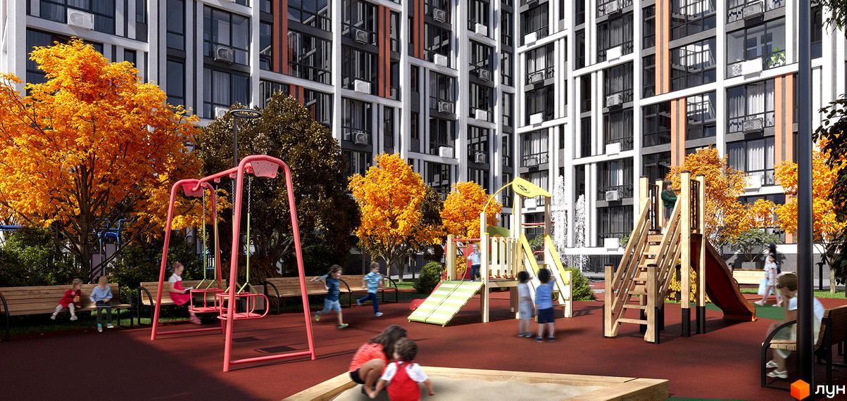 Житловий комплекс City Line: багатоповерхові будинки з комбінованими фасадами. Просторий дитячий майданчик з гойдалками, гірками та осінніми деревами.
