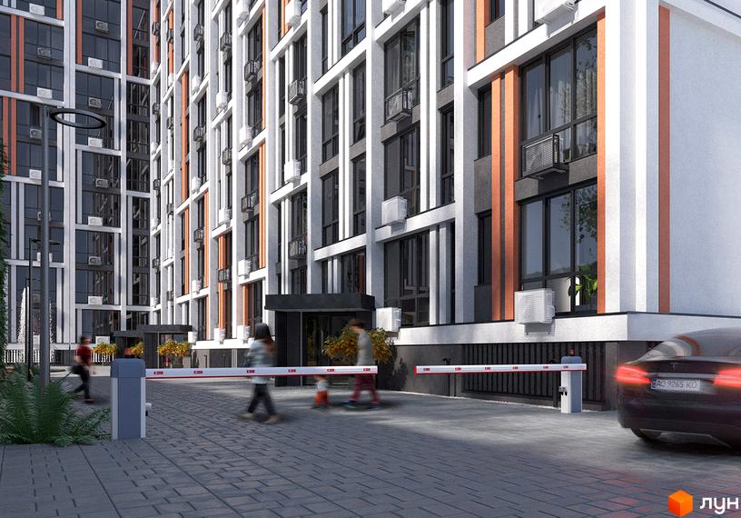 Зображення фасаду та прибудинкової території Житлового комплексу City Line. На передньому плані шлагбаум та автомобіль.