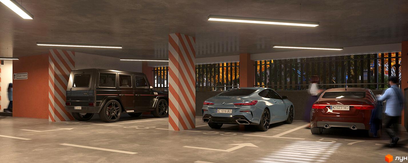 Паркінг з автомобілями в Житловому комплексі City Line. На стоянці припарковані чорний позашляховик, сірий BMW та червоний Jaguar.