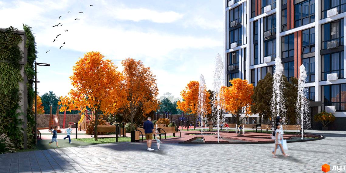 Зображення Житлового комплексу City Line з фасадом та дитячим майданчиком. На передньому плані фонтан, дерева з помаранчевим листям.