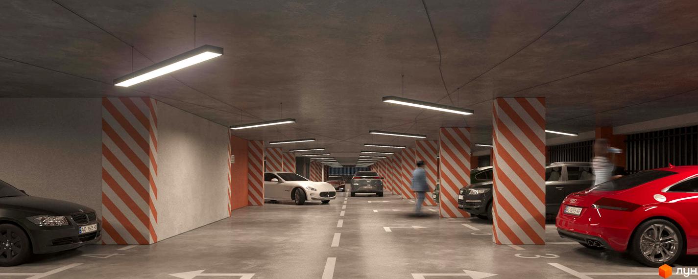 Підземний паркінг Житлового комплексу City Line з яскравим освітленням, розміткою та автомобілями.