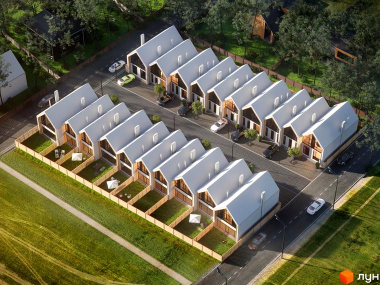 Котеджне містечко КМ Comfort Life Villas - це ряд двоповерхових будинків з білими дахами та дерев'яними фасадами, розташованих уздовж вулиці з доглянутими подвір'ями та парканами.