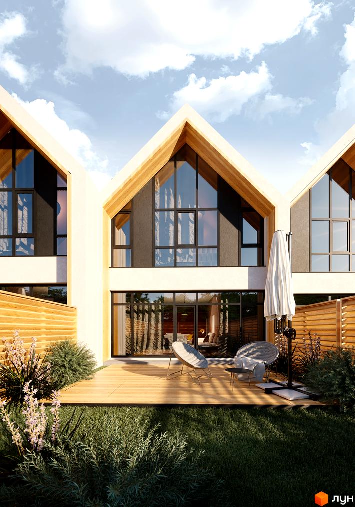 Котеджне містечко Comfort Life Villas з трикутними дахами та дерев'яними елементами, з терасою та зеленим газоном.